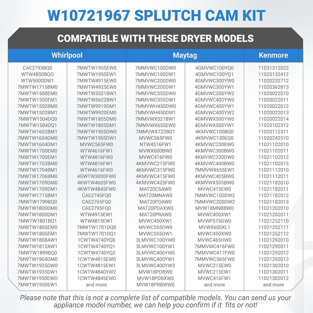 W10721967 Splutch Cam Kit for Whirlpool Kenmore Washers