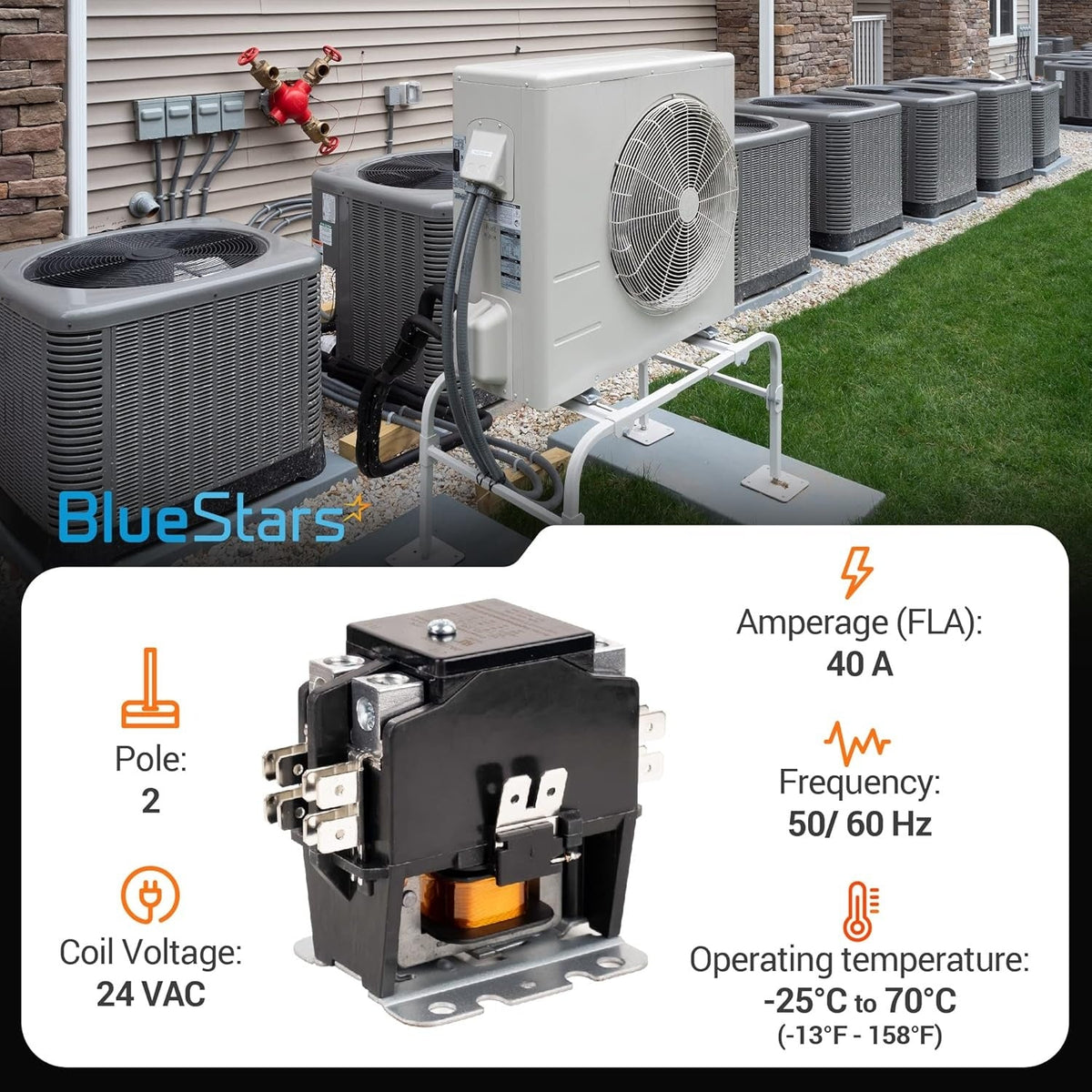 2 Pole Contactor, 40 Amp 24VAC Coil, AC Heat Pump Refrigeration Systems