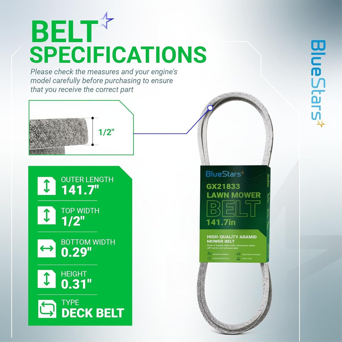 GX21833 954-05008 Deck Belt for John Deere L120 L130 D140 D150 48" Deck, 141.7"