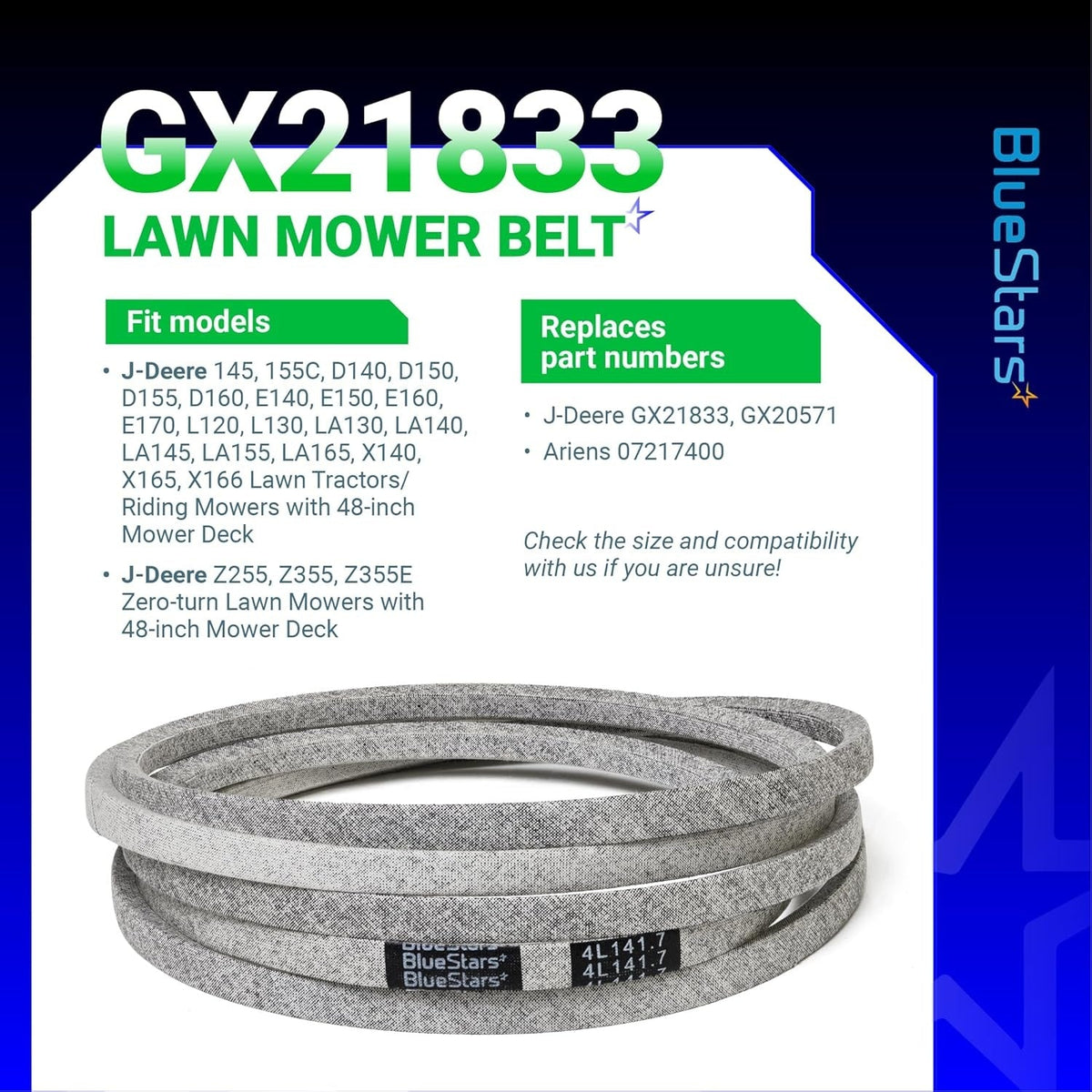 GX21833 954-05008 Deck Belt for John Deere L120 L130 D140 D150 48" Deck, 141.7"