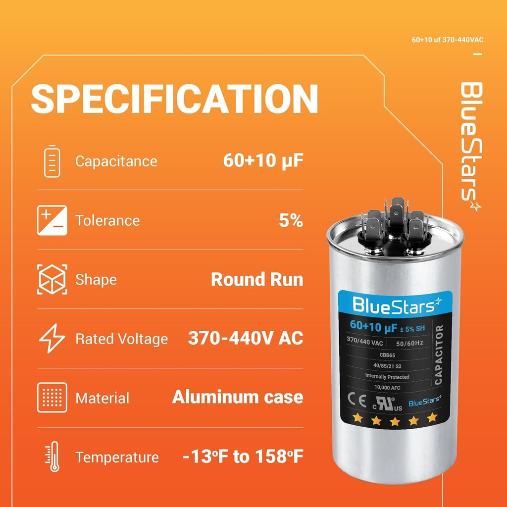 60+10 uF 370/440VAC ±5% CBB65 Dual Run Capacitor for AC Fan Condenser