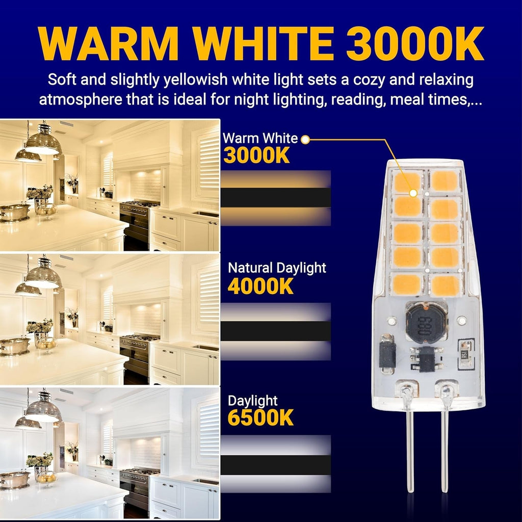 G4 LED Bulb 2W, 30W Equivalent, 3000K Warm White, 12V AC/DC, Dimmable - 6 Pack