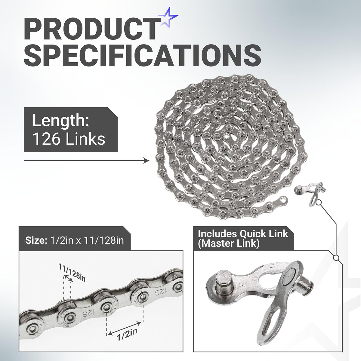 12-Speed Bike Chain, 1/2 x 11/128", 126 Links, Quick Link, Shimano SRAM Campagnolo