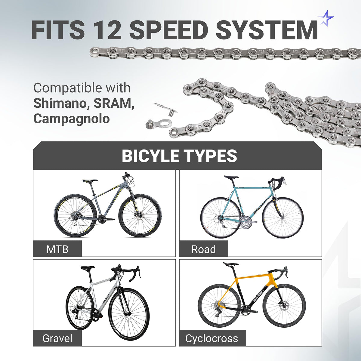 12-Speed Bike Chain, 1/2 x 11/128", 126 Links, Quick Link, Shimano SRAM Campagnolo