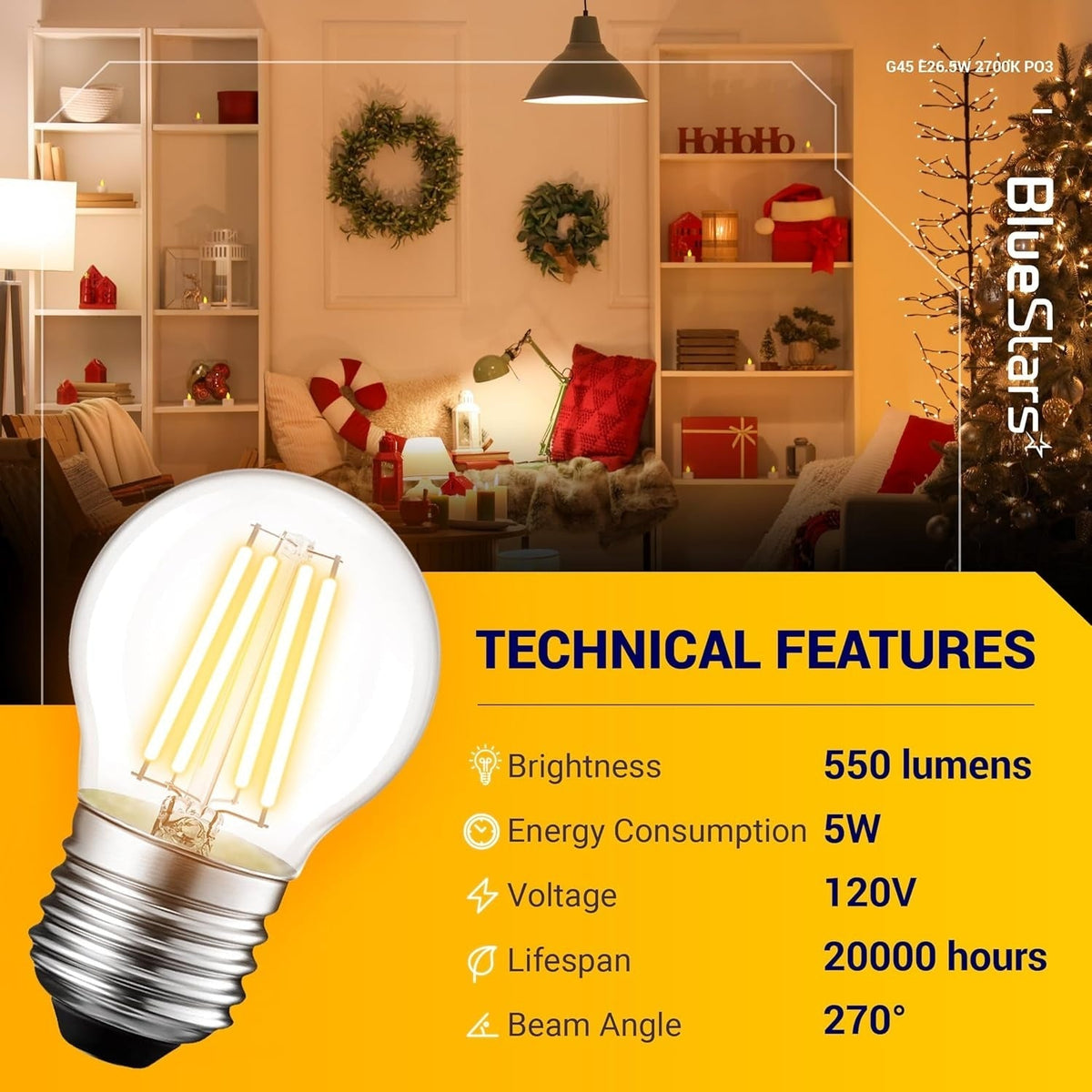G45 E26 Edison LED Filament Globe Bulb 120V 5W - 3 Pack