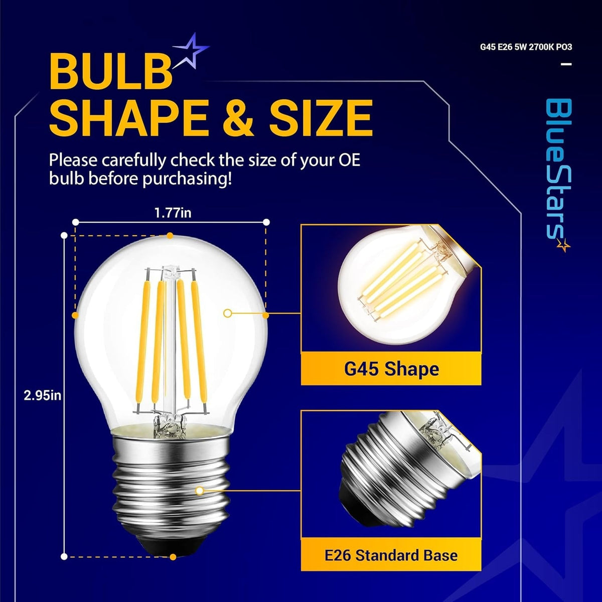 G45 E26 Edison LED Filament Globe Bulb 120V 5W - 3 Pack