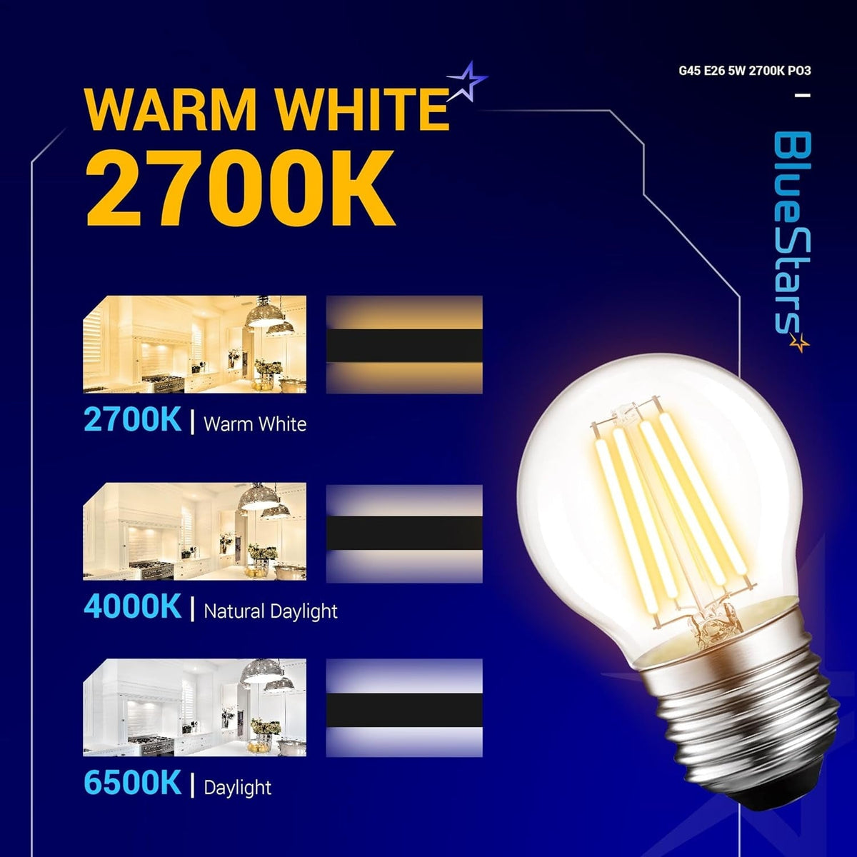 G45 E26 Edison LED Filament Globe Bulb 120V 5W - 3 Pack