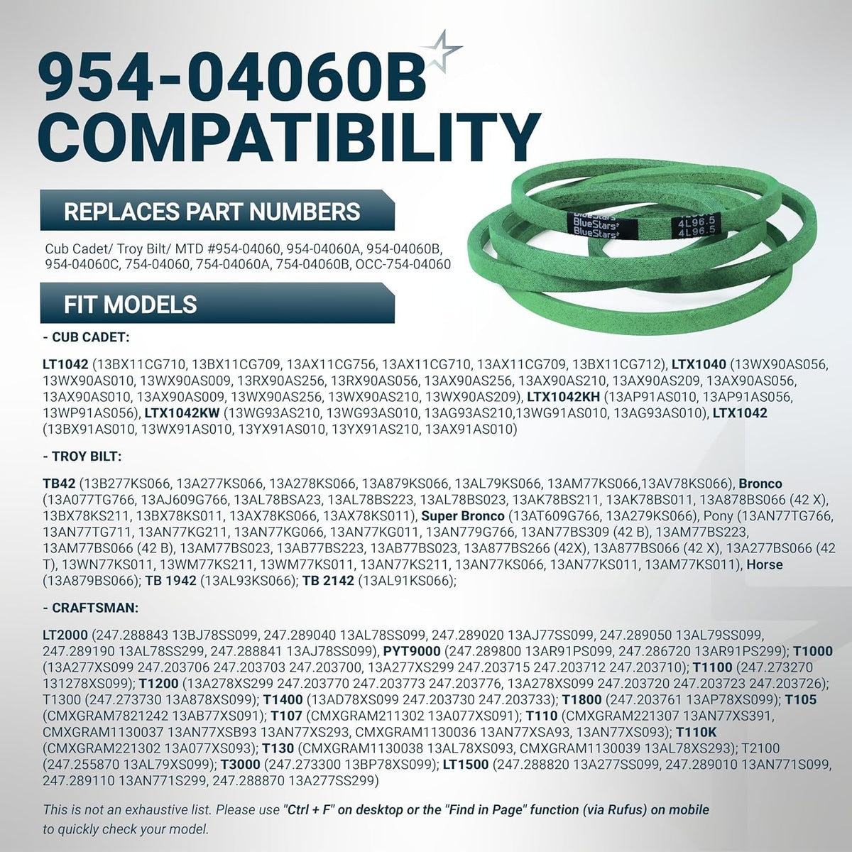 954-04060B, 954-04060C Deck Drive Belt, 42" Cub Cadet Troy-Bilt LT1040 LT1042, 96.5"