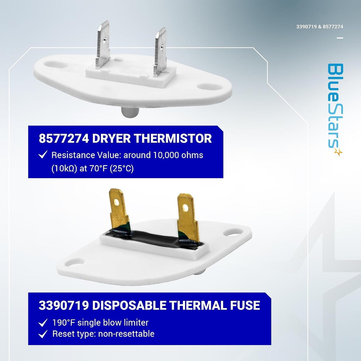 3390719 Thermal Fuse and 8577274 Thermistor - For Whirlpool Kenmore Maytag Dryers