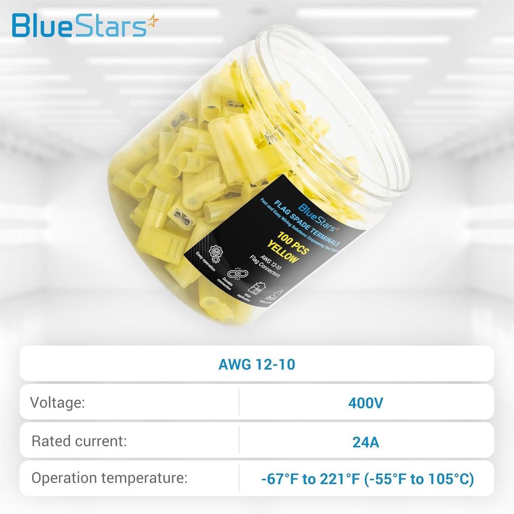 12-10 AWG Yellow Flag Spade Terminals Female (90 Degree) - 100 PCS