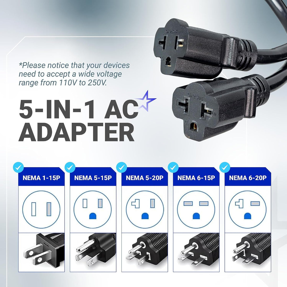 20A 125V AC Port Plug 12 AWG 5-in-1 T-Blade Adapter