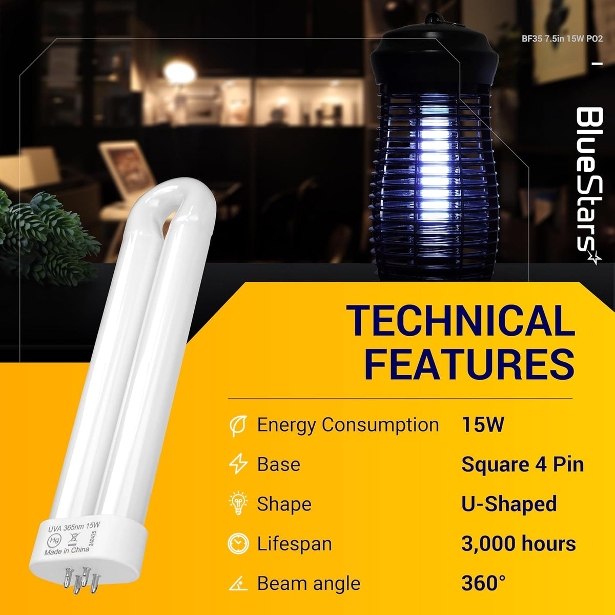 BF35 FUL15W BL 15W 4-Pin U-Shaped Black Light Bulb for Flowtron BK-15D Black Flag BB-15WHT Stinger UV15 FP15 - 2 Pack