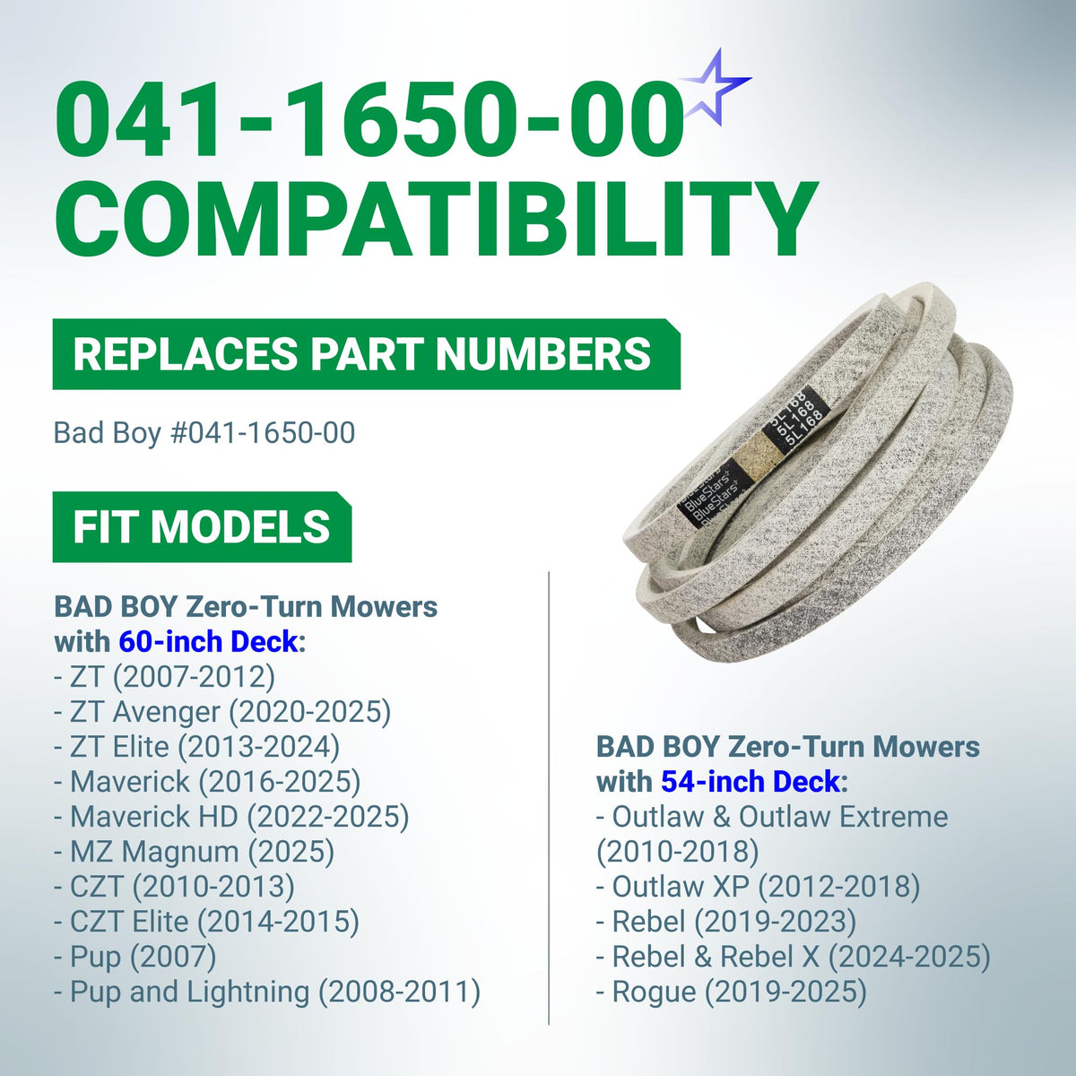 041-1650-00 Deck Belt | Fits Bad Boy 60", 54" Deck | Aramid Cord | 168"