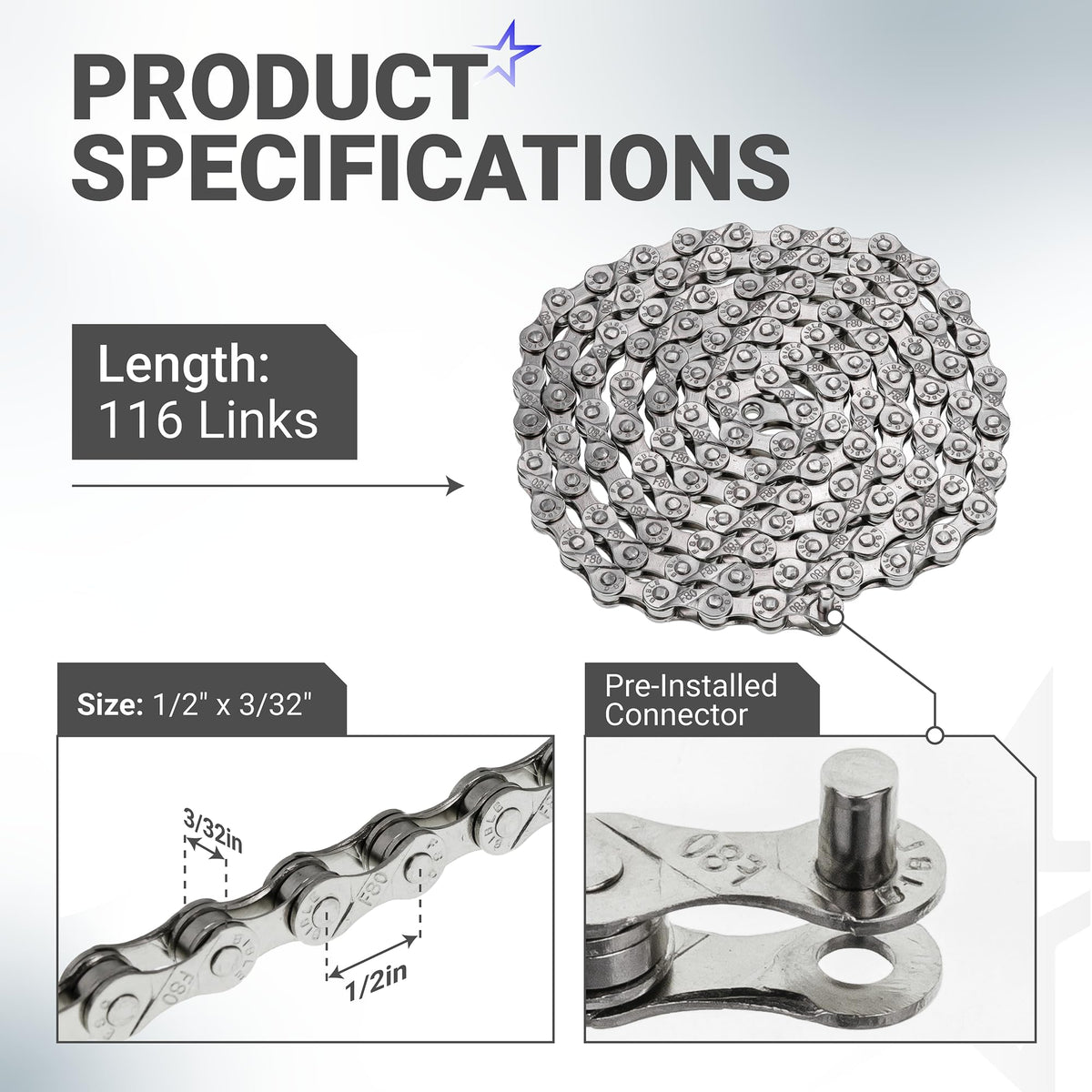 6/7/8-Speed Bike Chain, 1/2 x 3/32", 116 Links, Pre-Install Connector