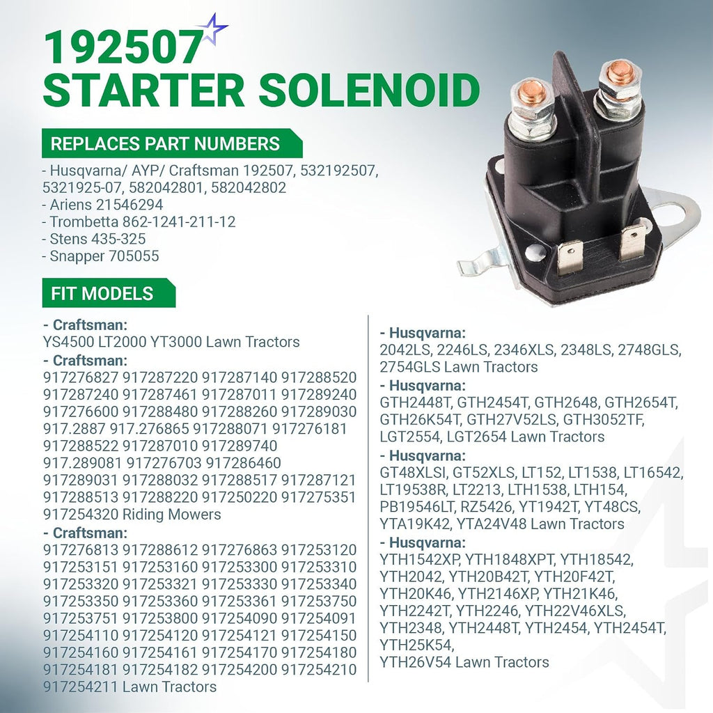 192507 Starter Solenoid, 12V 4-Terminal - Fits Husqvarna, Poulan, Craftsman LT2000/YS4500/YT3000