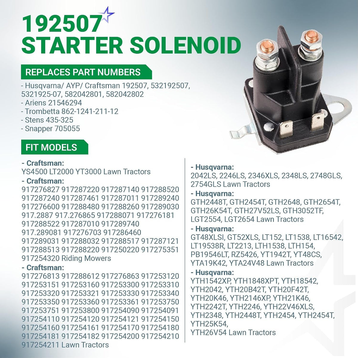 192507 Starter Solenoid, 12V 4-Terminal - Fits Husqvarna, Poulan, Craftsman LT2000/YS4500/YT3000