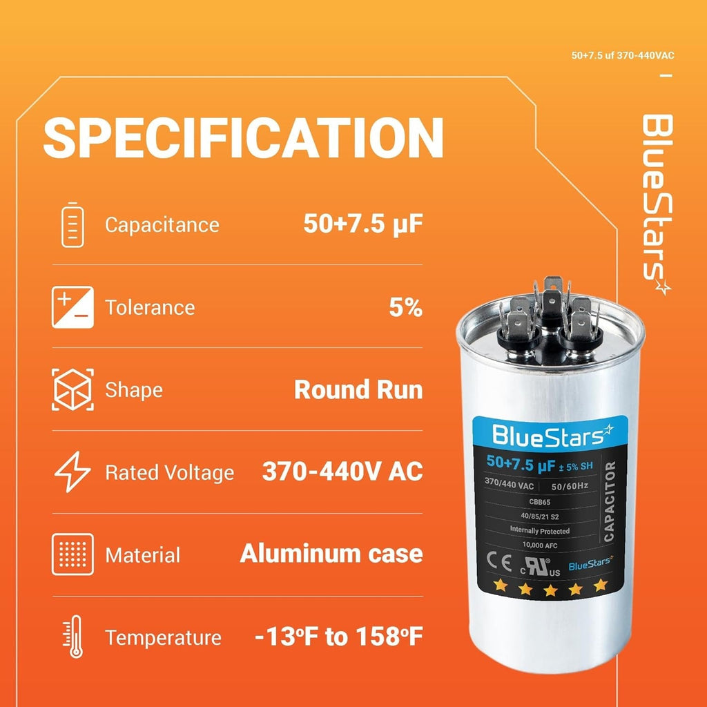 50+7.5 uF MFD ±5% 370/440 VAC CBB65 CBB65B Dual Run Capacitor for AC Fan Heat Pump