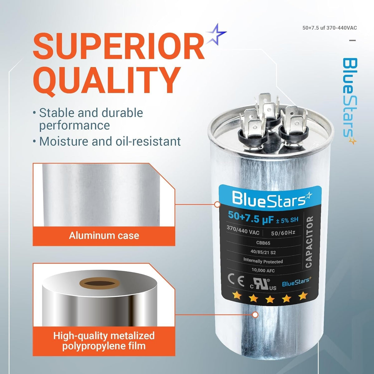 50+7.5 uF MFD ±5% 370/440 VAC CBB65 CBB65B Dual Run Capacitor for AC Fan Heat Pump