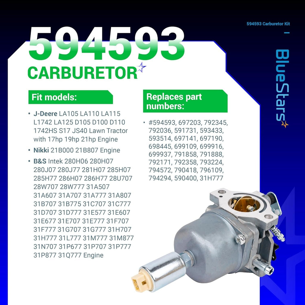 594593 Carburetor Kit - Fits John Deere LA105 D110 D105 LA115 697203 Lawn Tractor