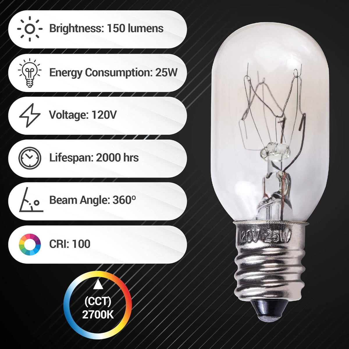 E12 T20 25W Incandescent Salt Lamp Bulbs 120V 2700K 150LM - 8 Pack