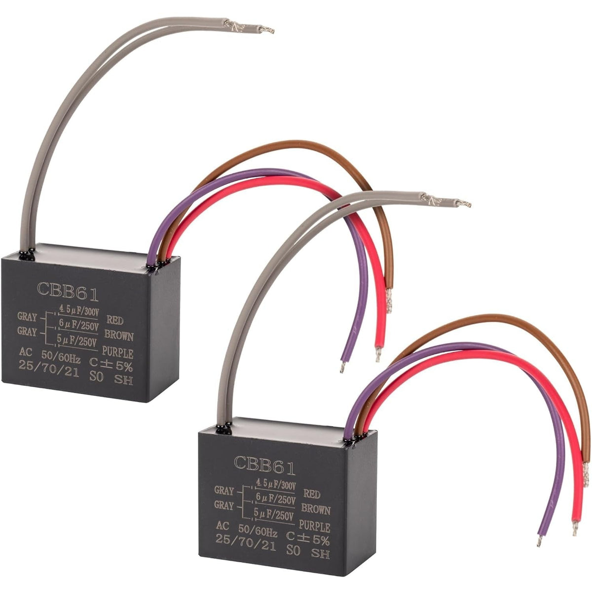 CBB61 4.5uF+6uF+5uF 5-Wire 250V/300V AC Ceiling Fan Capacitor - 2 Pack