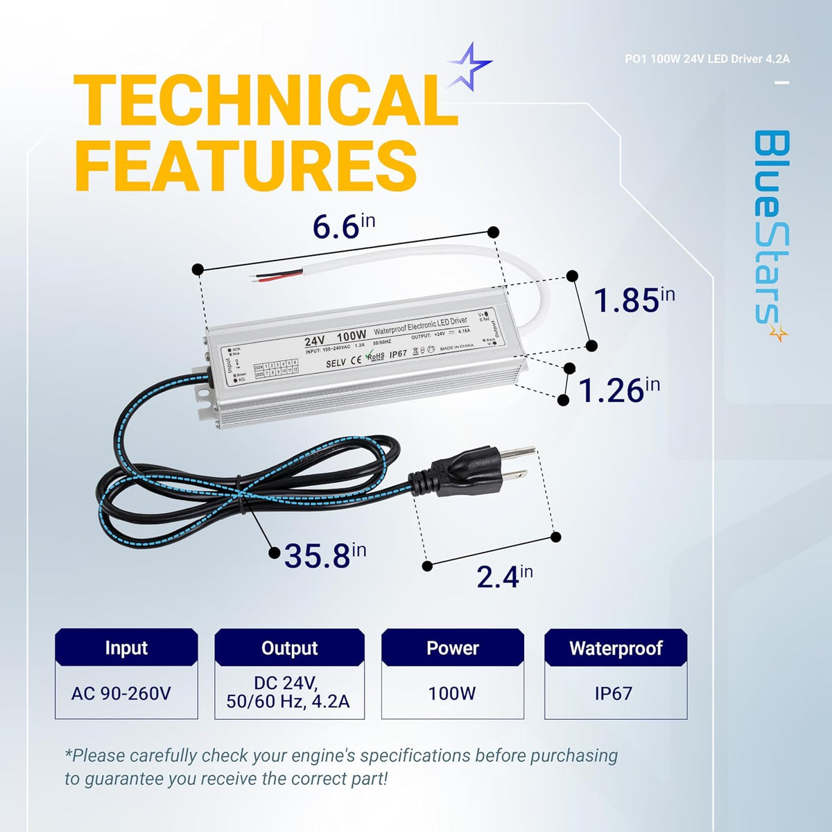 100W 24V LED Power Supply 4.2A with 3-Prong Plug AC 90-260V to 24V DC IP67
