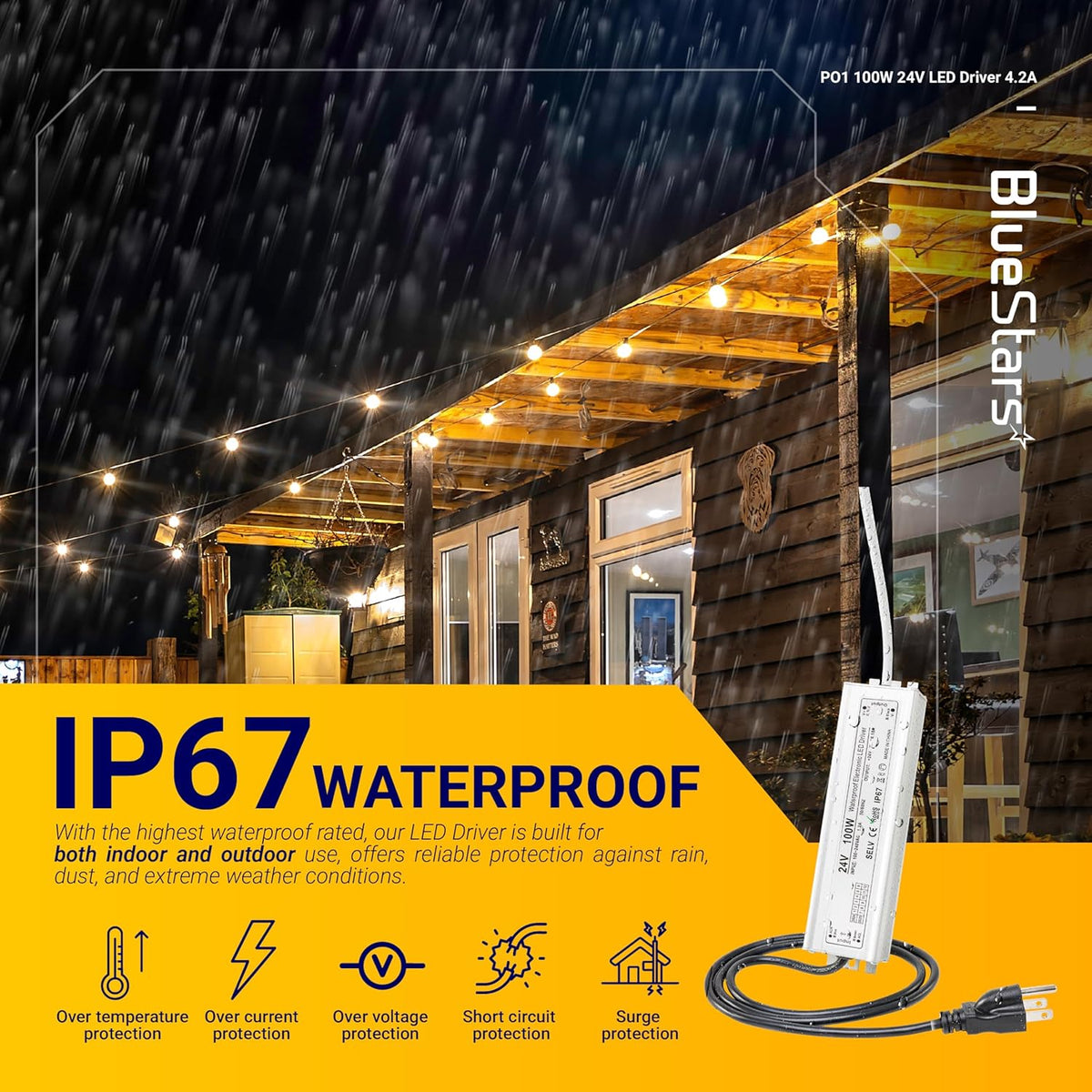 100W 24V LED Power Supply 4.2A with 3-Prong Plug AC 90-260V to 24V DC IP67