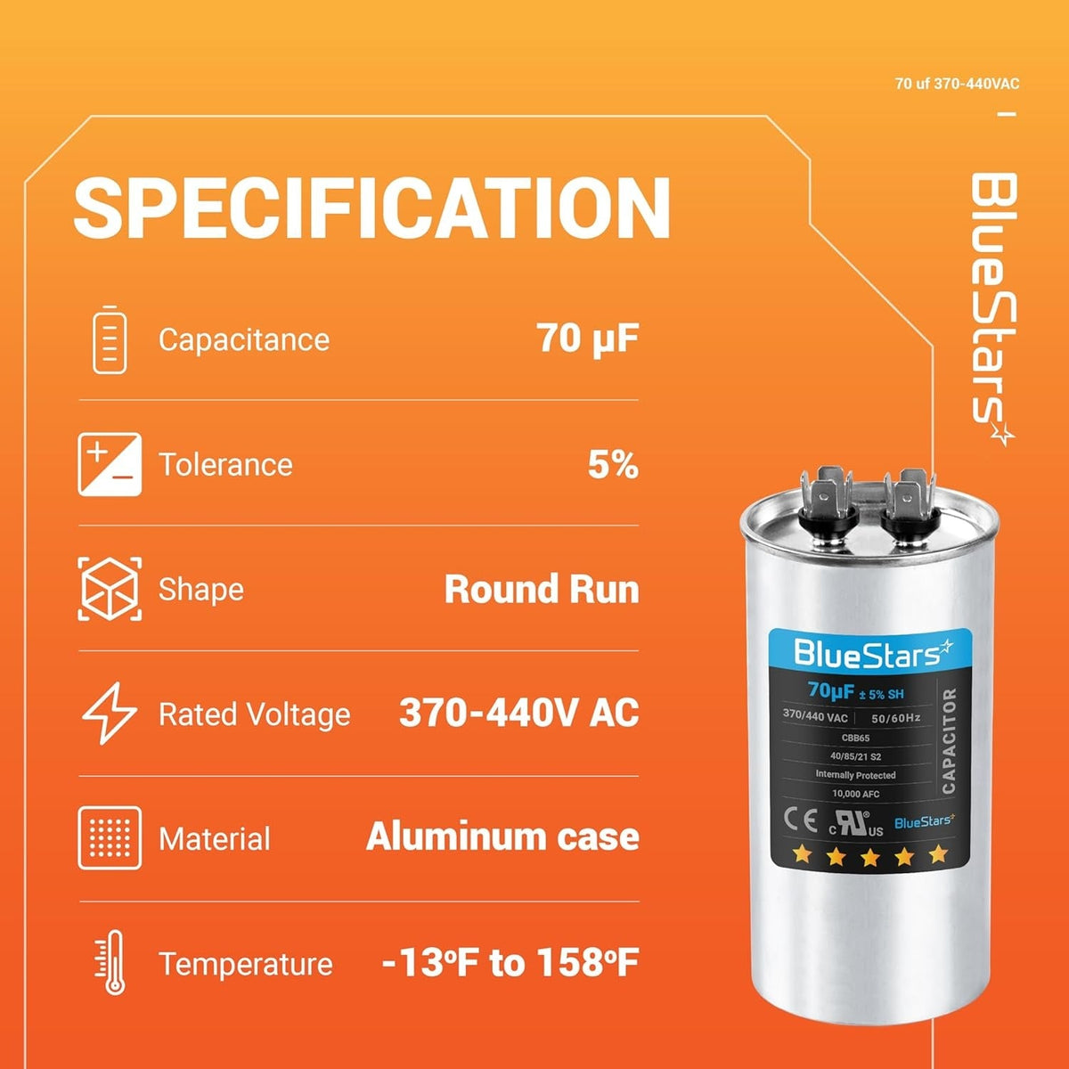 70 uF MFD 370/440 VAC ±5% Round Run Capacitor 50/60 Hz AC Electric Replacement