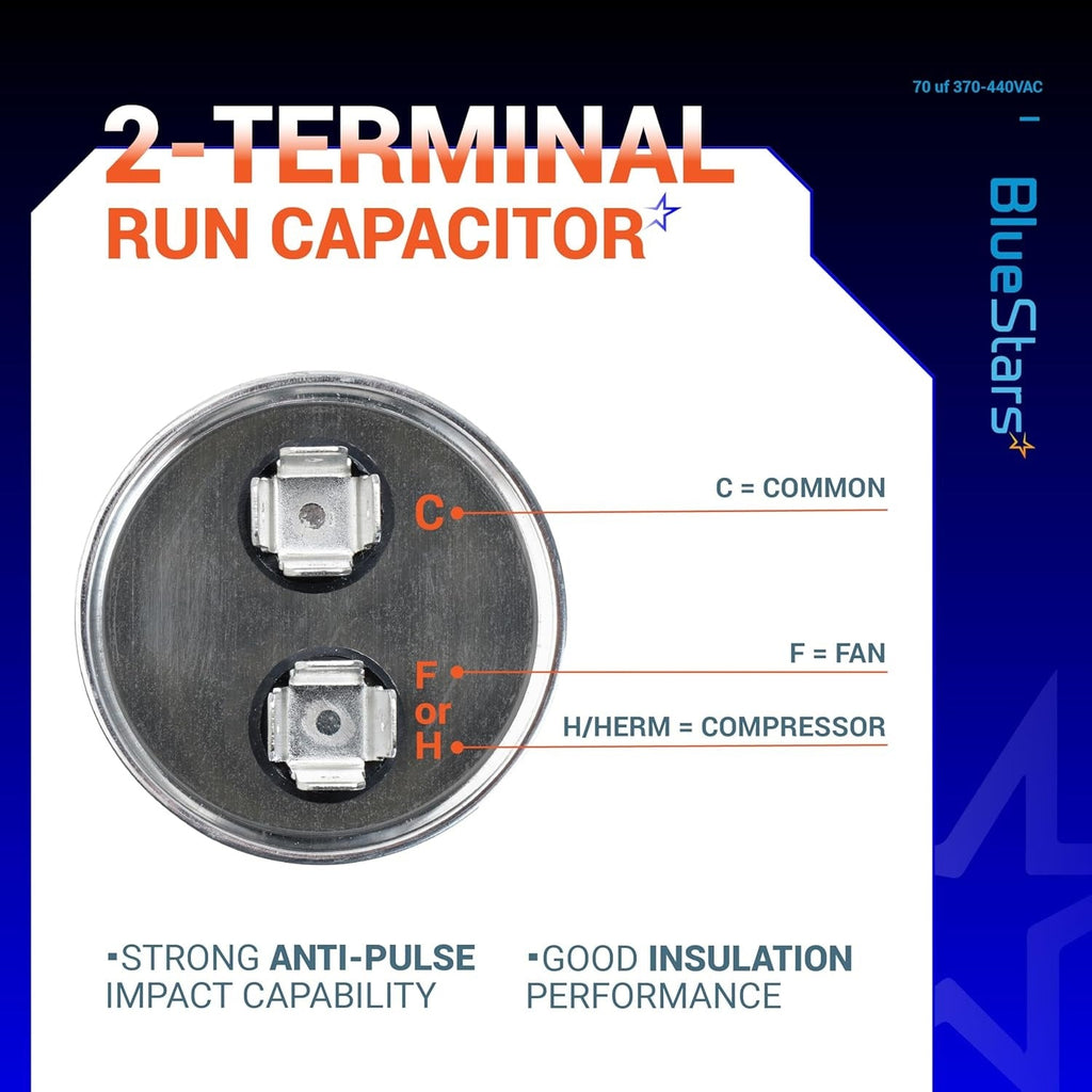 70 uF MFD 370/440 VAC ±5% Round Run Capacitor 50/60 Hz AC Electric Replacement