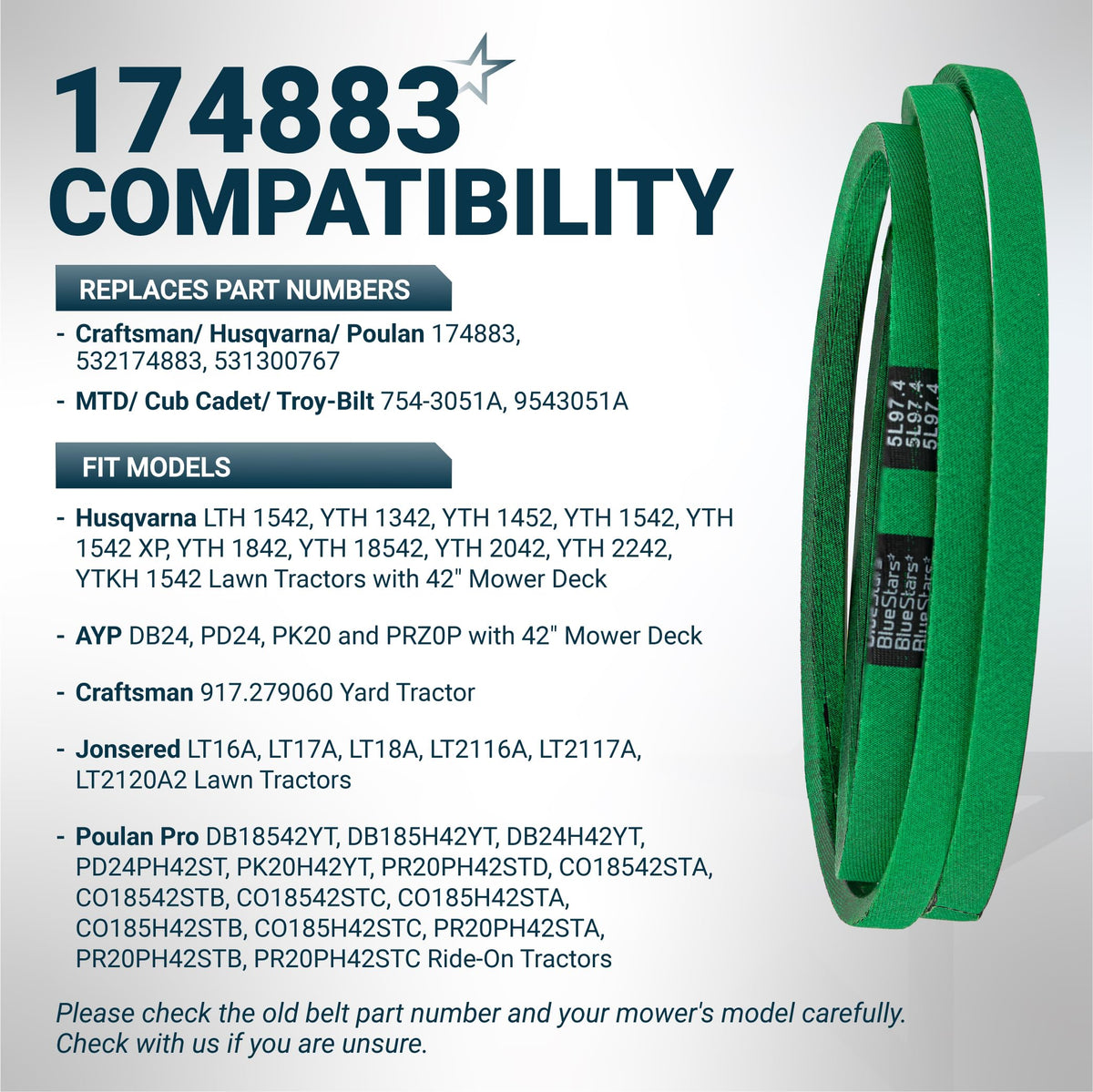 174883 532174883 Mower Deck Belt - 42" Husqvarna YTH1542XP/YTH1542, Craftsman, 97.4"
