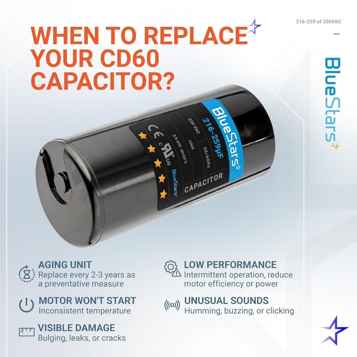 216-259 uF MFD 330 VAC Round Start Capacitor - Fits AC Motor Run, Fan Start, Heat Pump