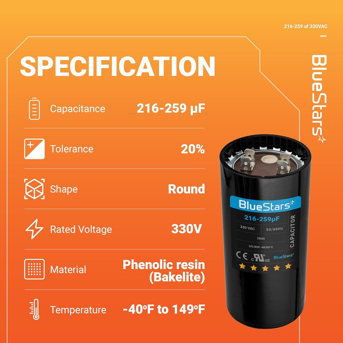 216-259 uF MFD 330 VAC Round Start Capacitor - Fits AC Motor Run, Fan Start, Heat Pump