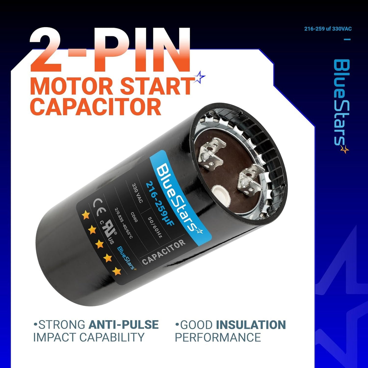 216-259 uF MFD 330 VAC Round Start Capacitor - Fits AC Motor Run, Fan Start, Heat Pump