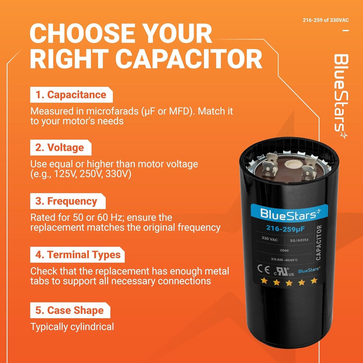 216-259 uF MFD 330 VAC Round Start Capacitor - Fits AC Motor Run, Fan Start, Heat Pump
