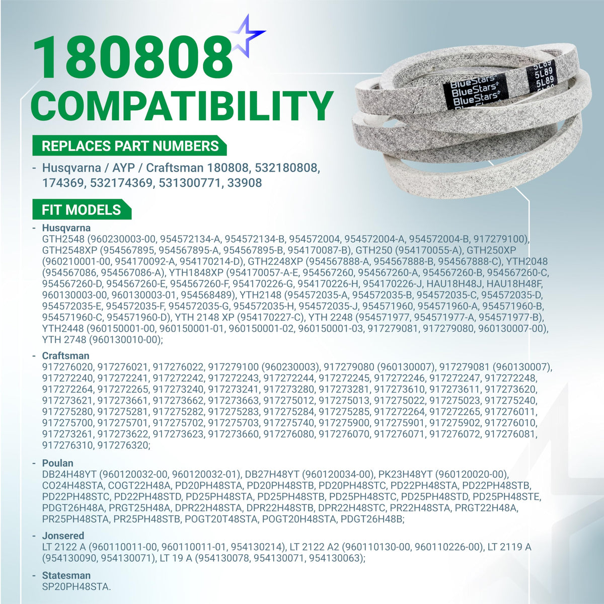180808 174369 Secondary Deck Belt - 48" Husqvarna GT5000/YTH2148/YTH2048/YTH2248, 89"