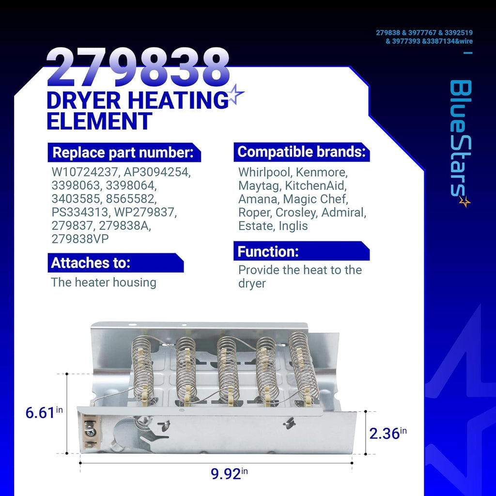 279838 Dryer Heating Element Kit For Whirlpool WED4815EW1 WED5000DW2