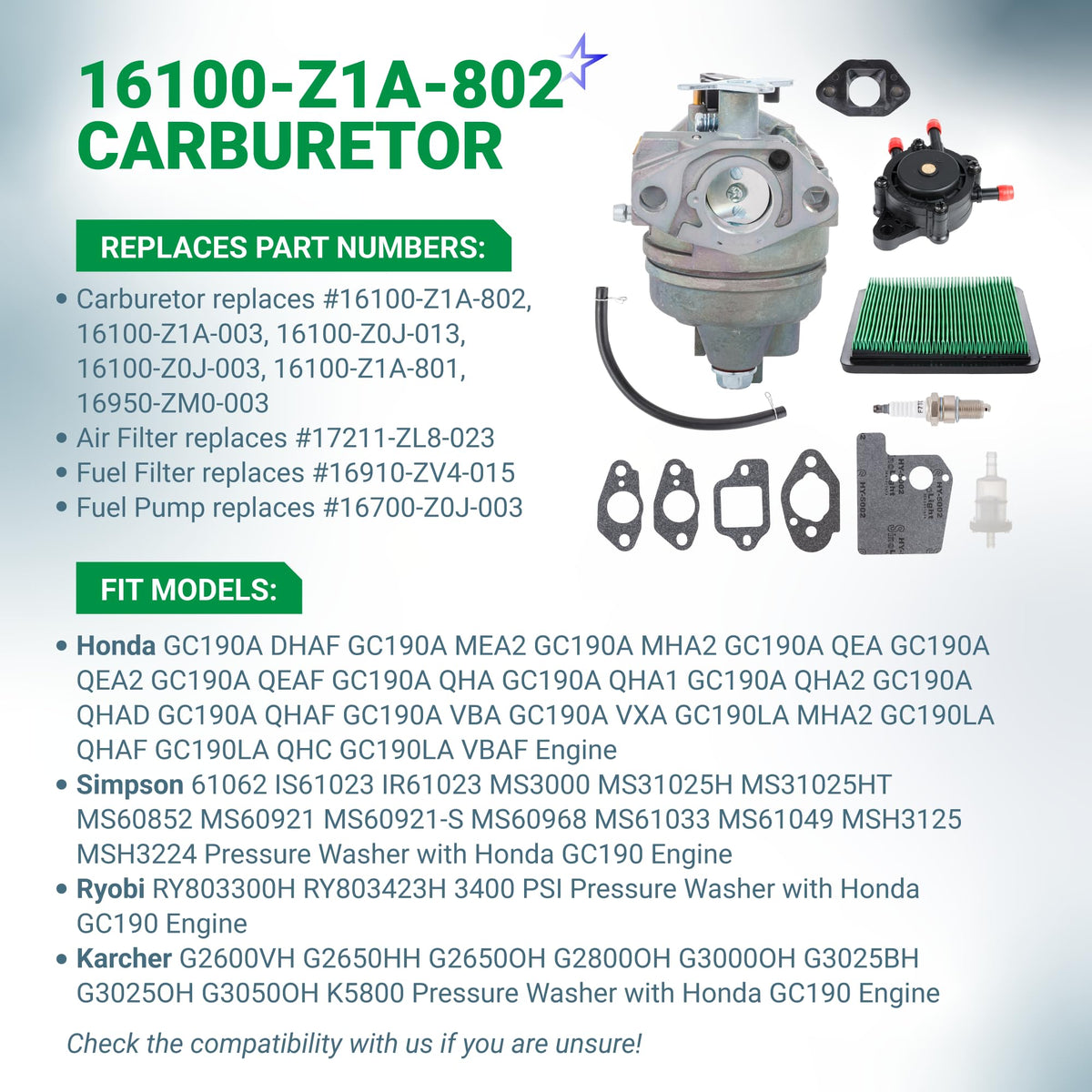 16100-Z1A-802 16100-Z1A-003 Carburetor - Fits Honda GC160 GC190 GC190A GC190LA