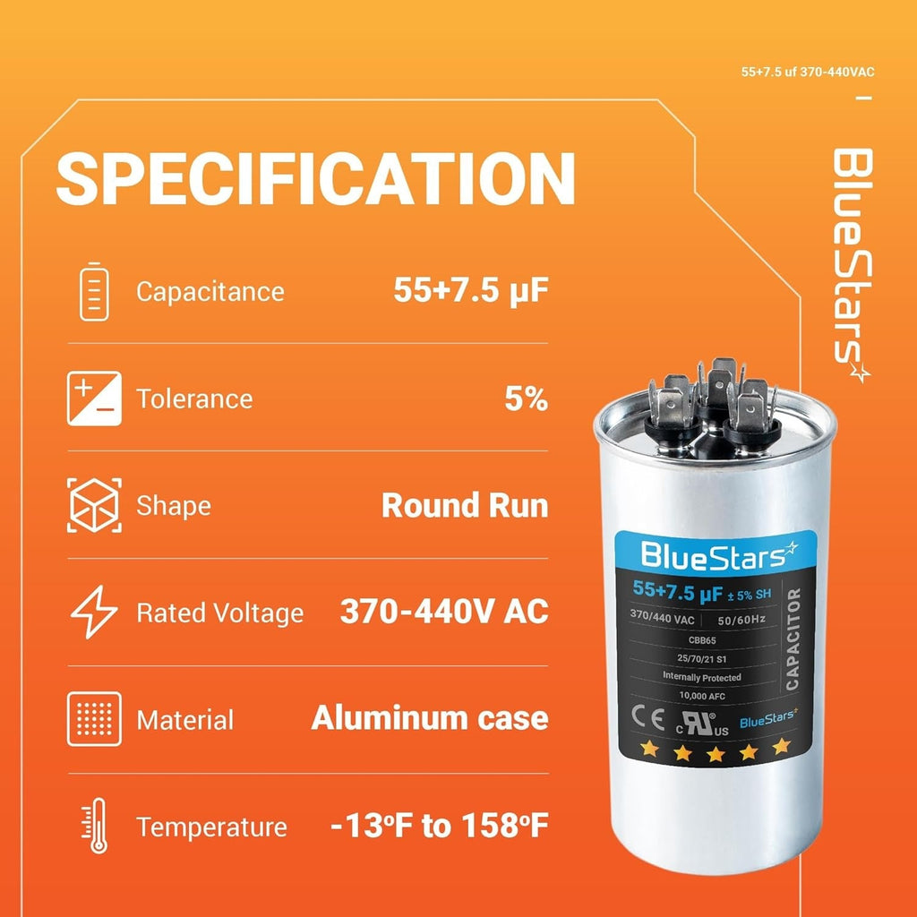 55+7.5 uF 370/440VAC ±5% CBB65B Dual Run Capacitor - Replaces C35575R