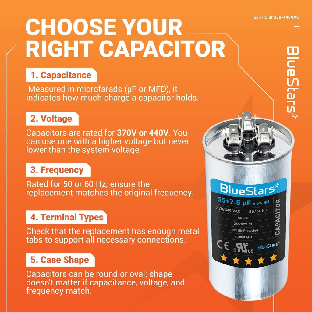55+7.5 uF 370/440VAC ±5% CBB65B Dual Run Capacitor - Replaces C35575R