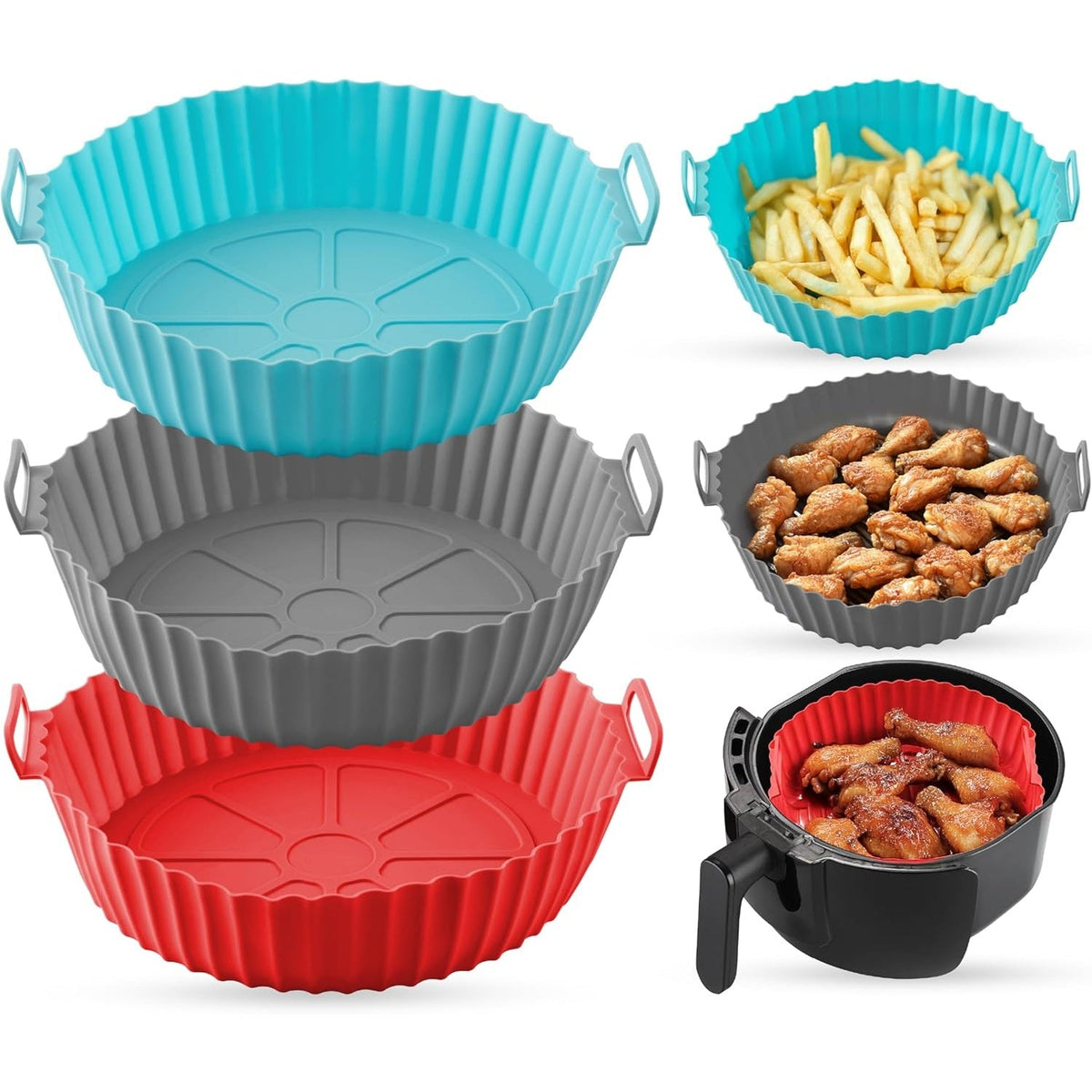 8" Air Fryer Silicone Liners for 3-5 QT Air Fryers, Reusable Basket - 3 Pack