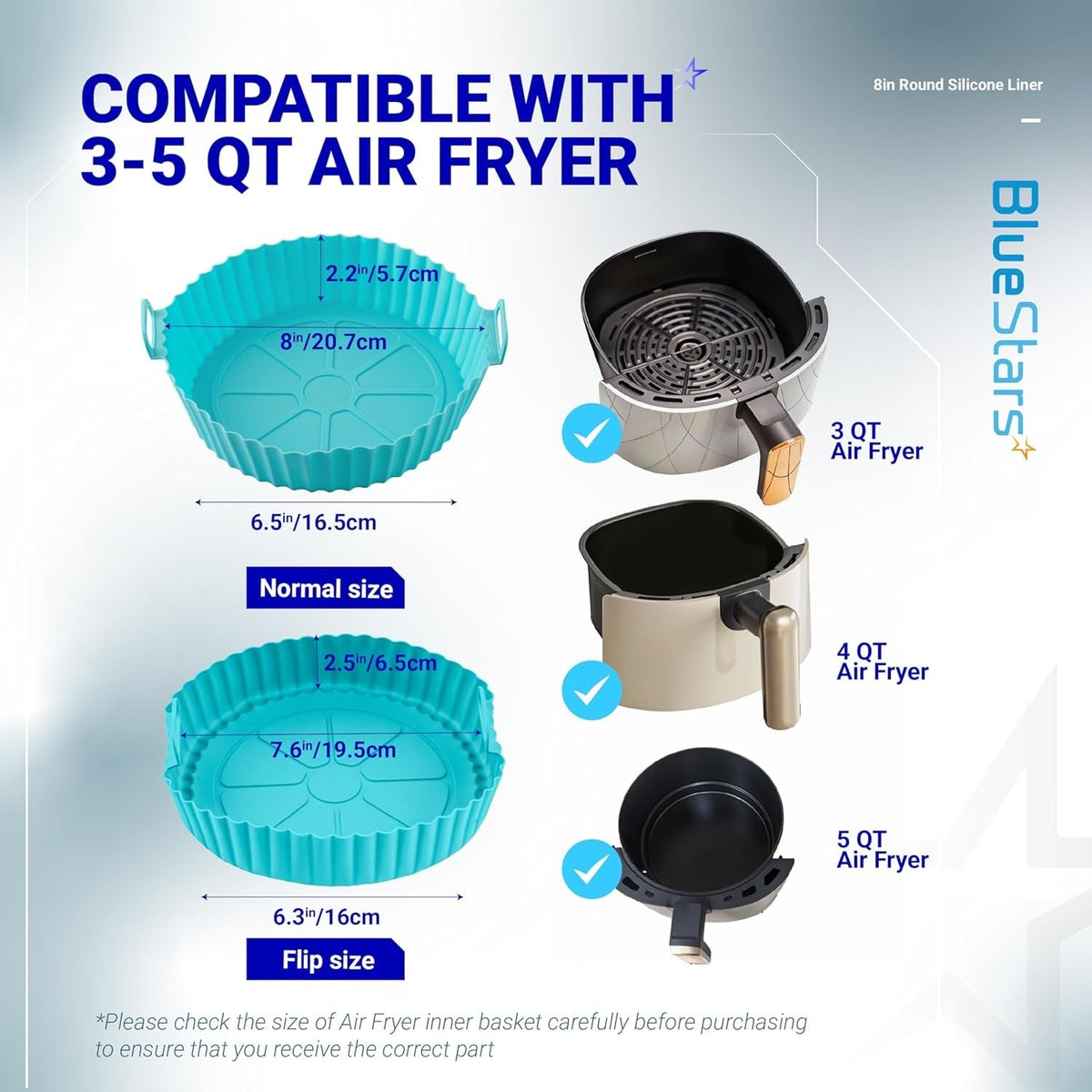 8" Air Fryer Silicone Liners for 3-5 QT Air Fryers, Reusable Basket - 3 Pack