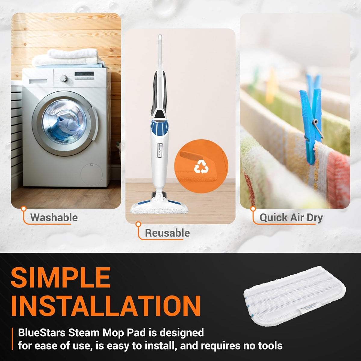 SMP20 Steam Mop Pads - Fits Black+Decker SM1600 SM1610 SM1620 HSMC1321 - 3 Pack