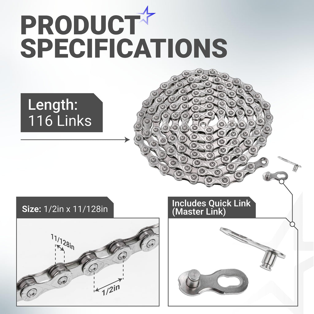 11-Speed Bike Chain, 1/2 x 11/128", 116 Links, Quick Link, Shimano SRAM Campagnolo
