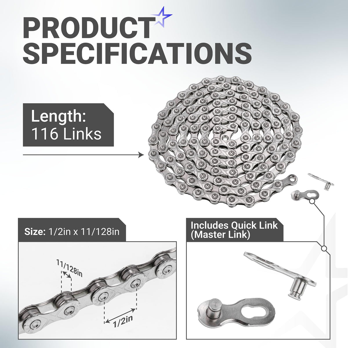11-Speed Bike Chain, 1/2 x 11/128", 116 Links, Quick Link, Shimano SRAM Campagnolo
