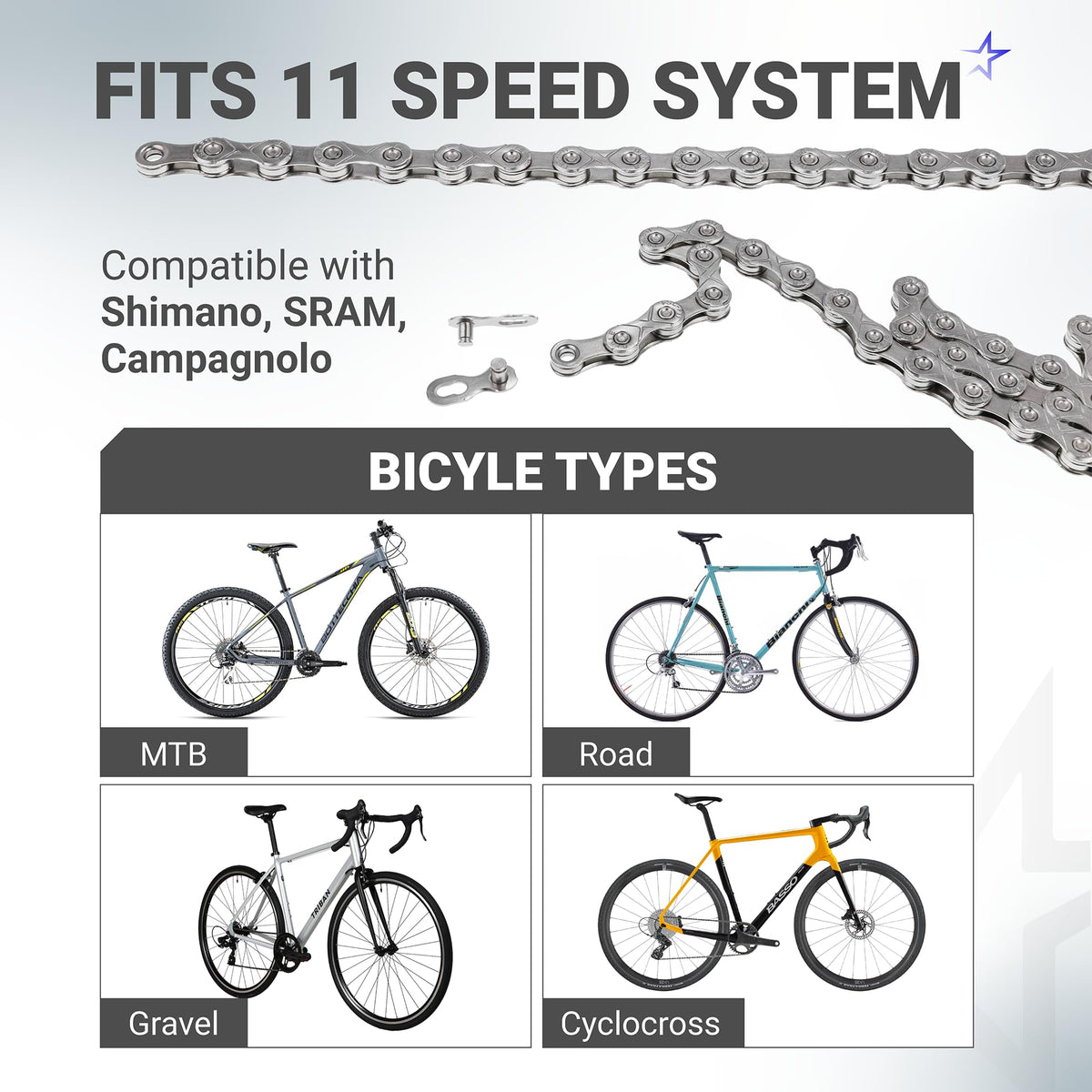 11-Speed Bike Chain, 1/2 x 11/128", 116 Links, Quick Link, Shimano SRAM Campagnolo