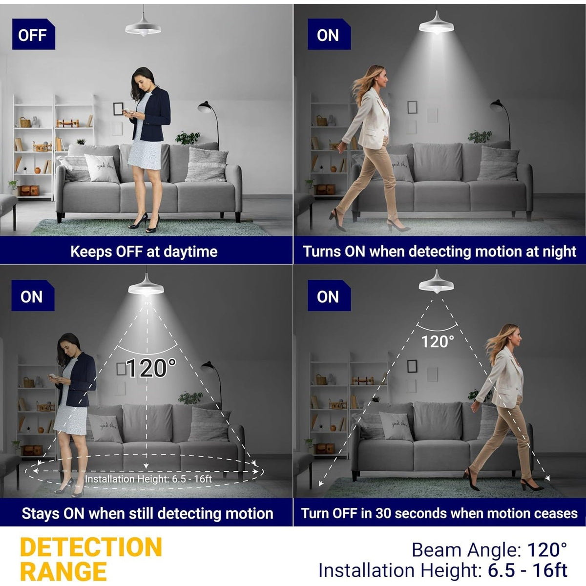 12W E26 Motion Sensor LED Bulbs, 100W Equivalent, 5000K Daylight - 4 Pack