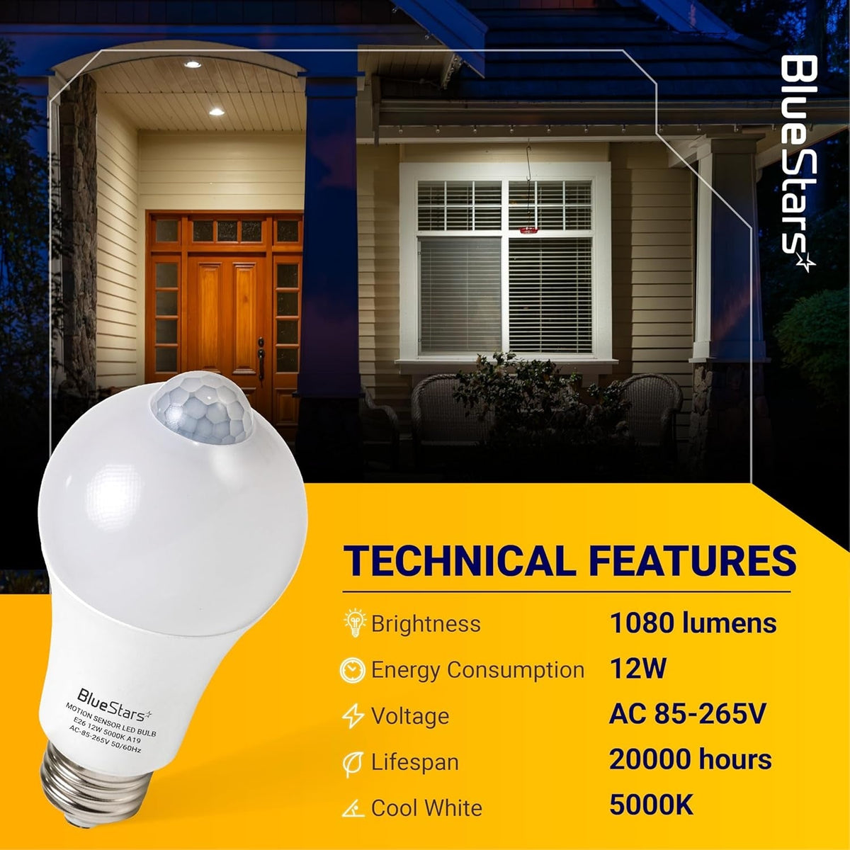 12W E26 Motion Sensor LED Bulbs, 100W Equivalent, 5000K Daylight - 4 Pack