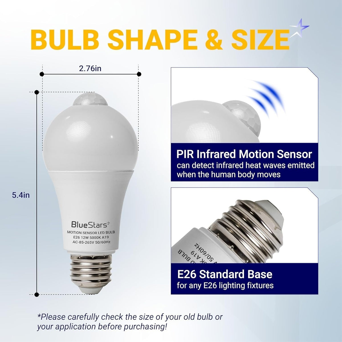 12W E26 Motion Sensor LED Bulbs, 100W Equivalent, 5000K Daylight - 4 Pack
