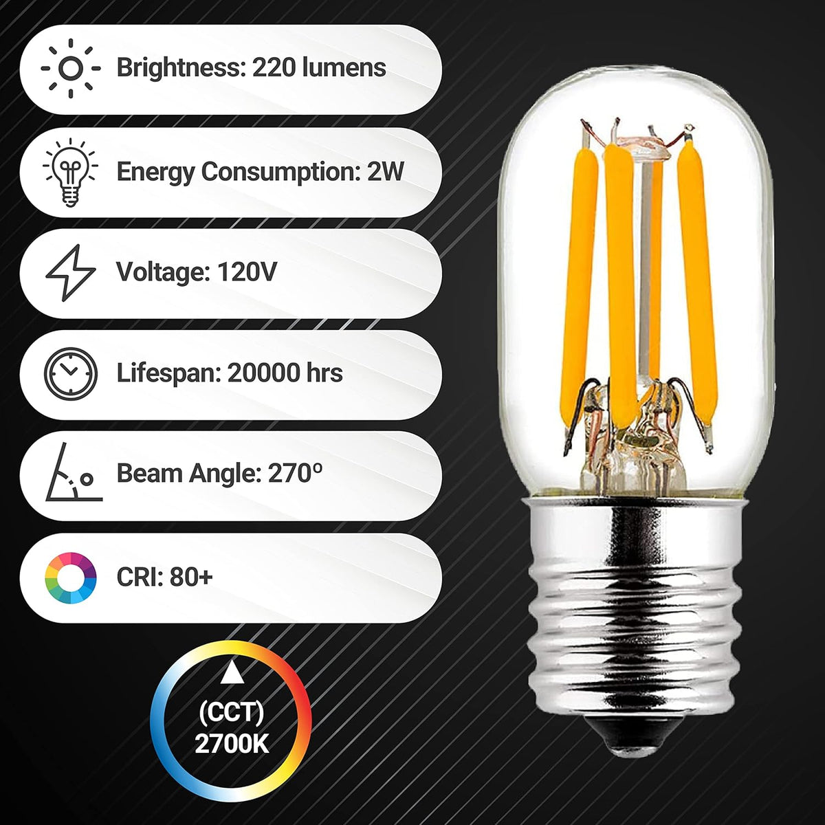 E17 T7 LED Bulbs 2W 120V 2700K 220LM 25W Equivalent for Appliances - 3 Pack