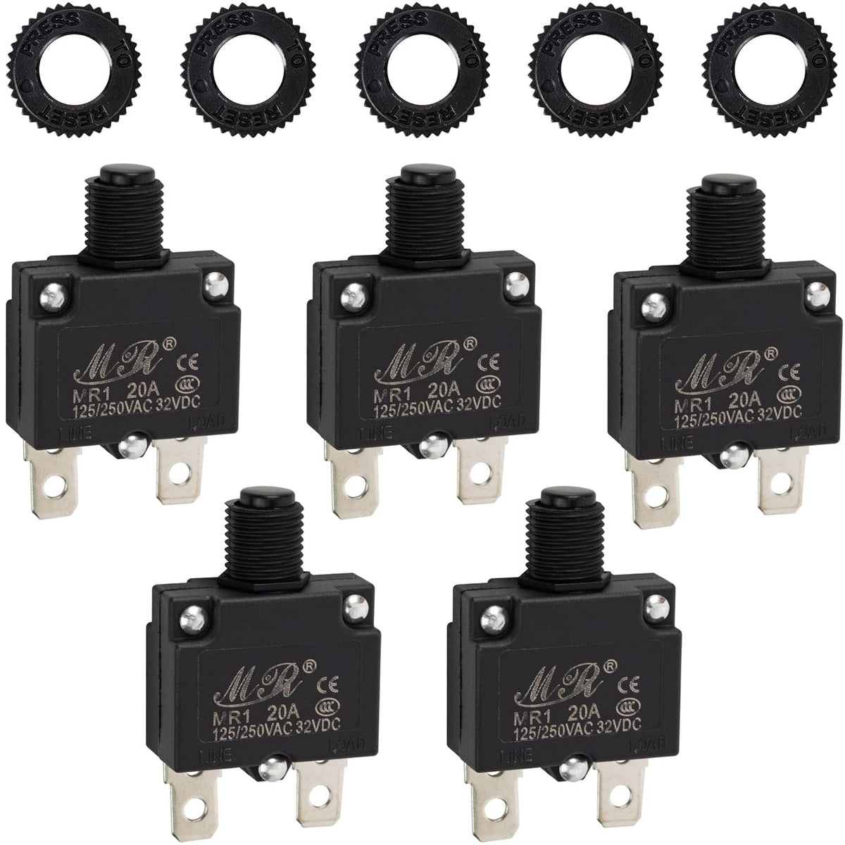 20Amp Thermal Circuit Breaker 125/250V AC 32V DC - 5 Pack